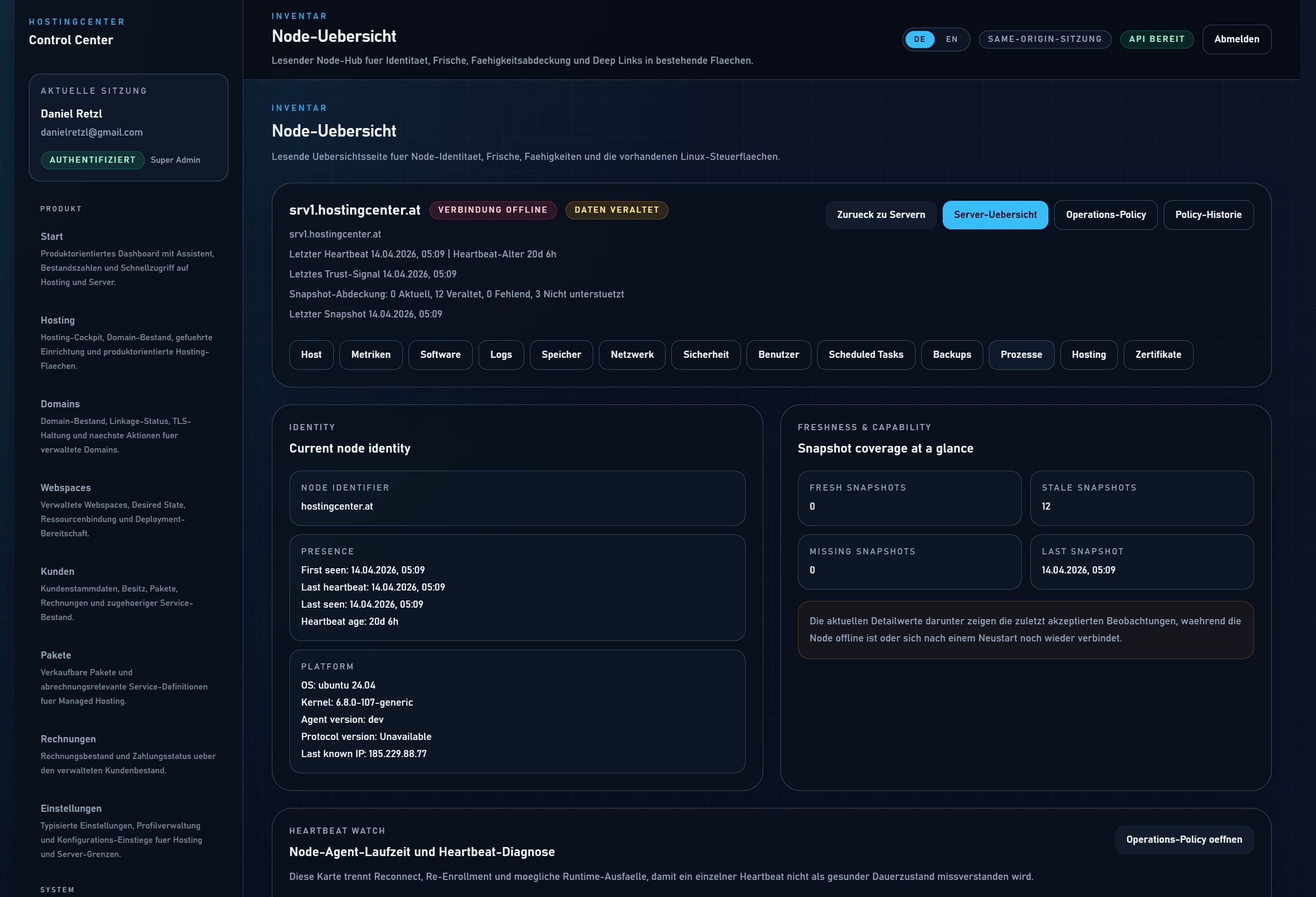 Screenshot of the Hostingcenter.at Control Panel
