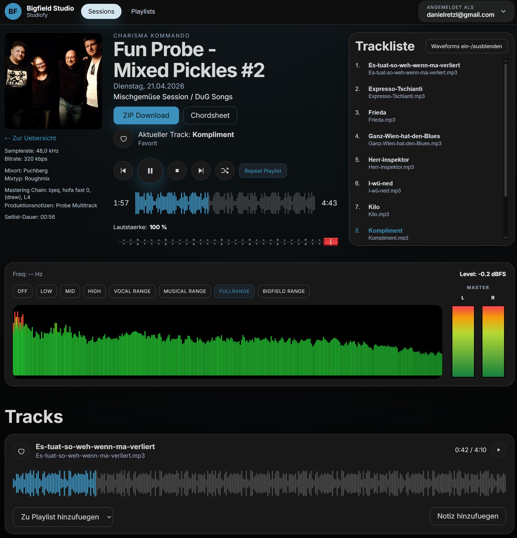 Screenshot of the Studiofy / Bigfield Sessions platform
